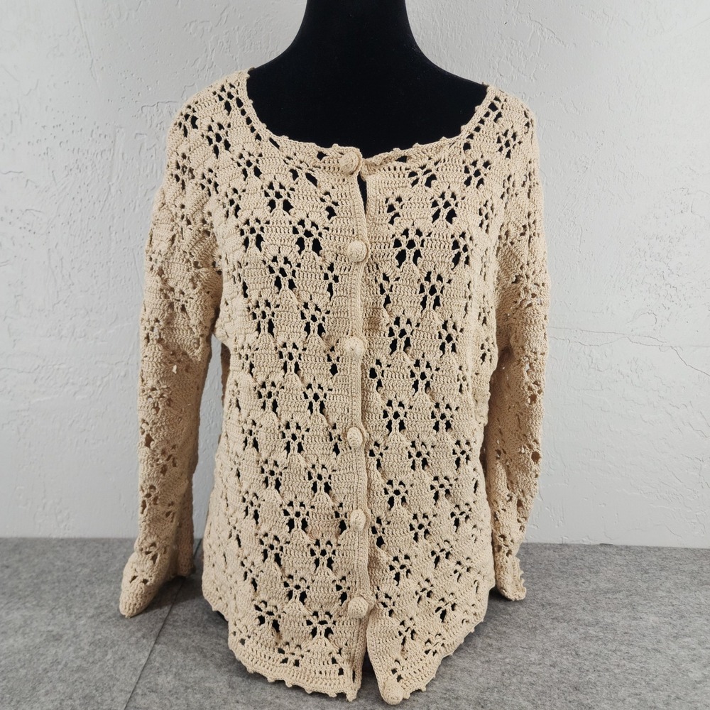 Unbranded Beige Crochet Knit Long Sleeve Open Weave Scalloped Top Womens Size L